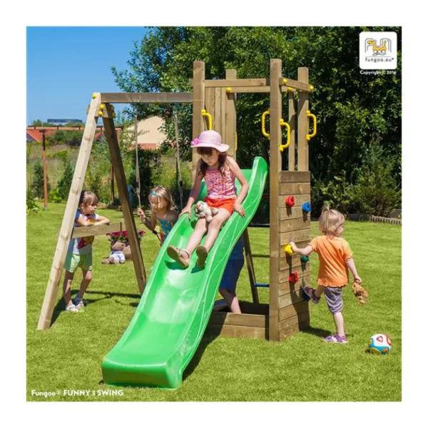 Fungoo Aire De Jeux Funny 3 : Toboggan - Balancoire Simple - Mur D'Escalade Et Bac A Sable- Aires De Jeux