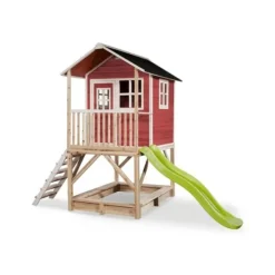 Exit Toys Maison En Bois Loft 500 Rouge Avec Toboggan Et Bac A Sable- Aires De Jeux