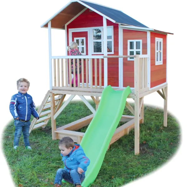 Exit Toys Maison En Bois Loft 550 Rouge Avec Bac A Sable Et Toboggan- Aires De Jeux