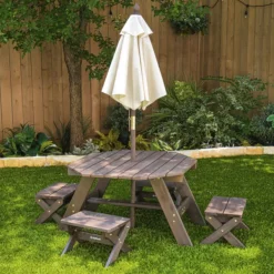 KidKraft Table En Bois Avec Tabourets Et Parasol- Tables Et Chaises De Jardin